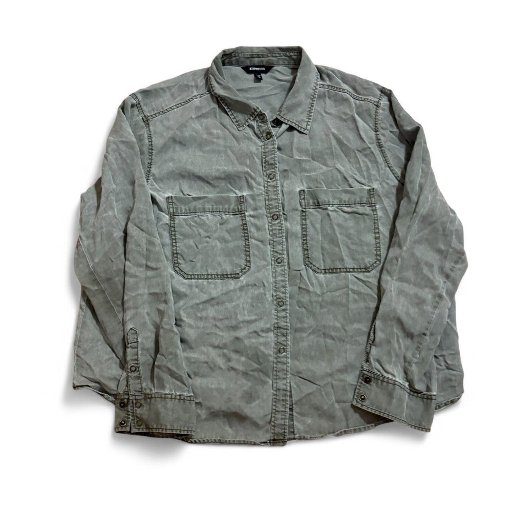 Express Mens XL Washed Gray Utility Button Up Shirt Long Sleeve Grunge Snaps